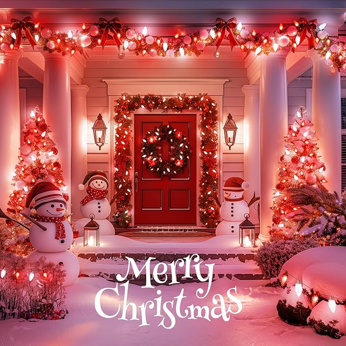 Brightown C9 LED Christmas String Lights, 66ft 100 LED Waterproof Strawberry String Lights, Plug-in Extendable Green Wire Lights String for Outdoor Outside Patio Party Decoration, Red and White