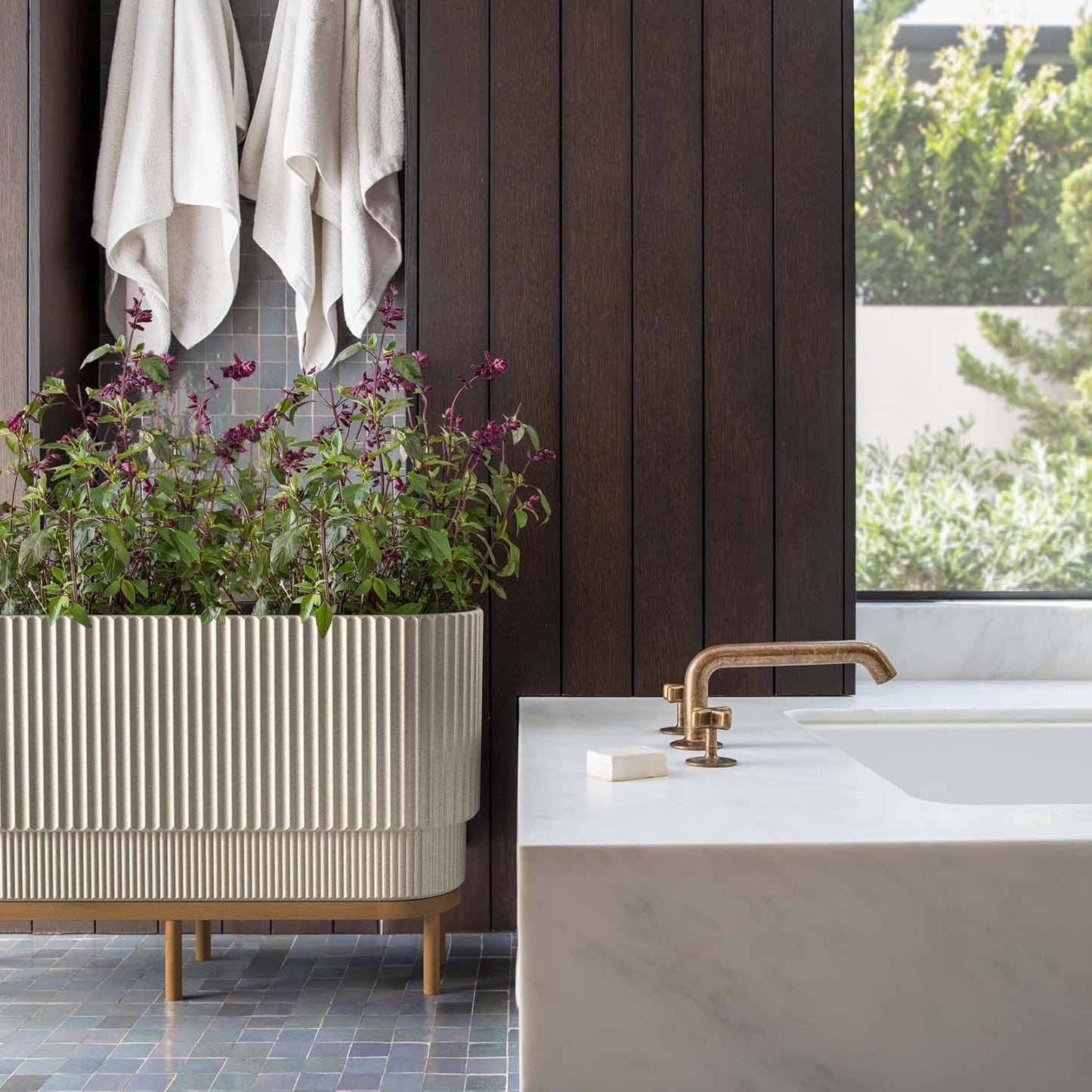 Veradek Demi Series Raised Long Planter for Indoor/Outdoor Use | Made from Plastic & Stone w/Wooden Stand | Modern Patio Décor for Flowers/Shrubs