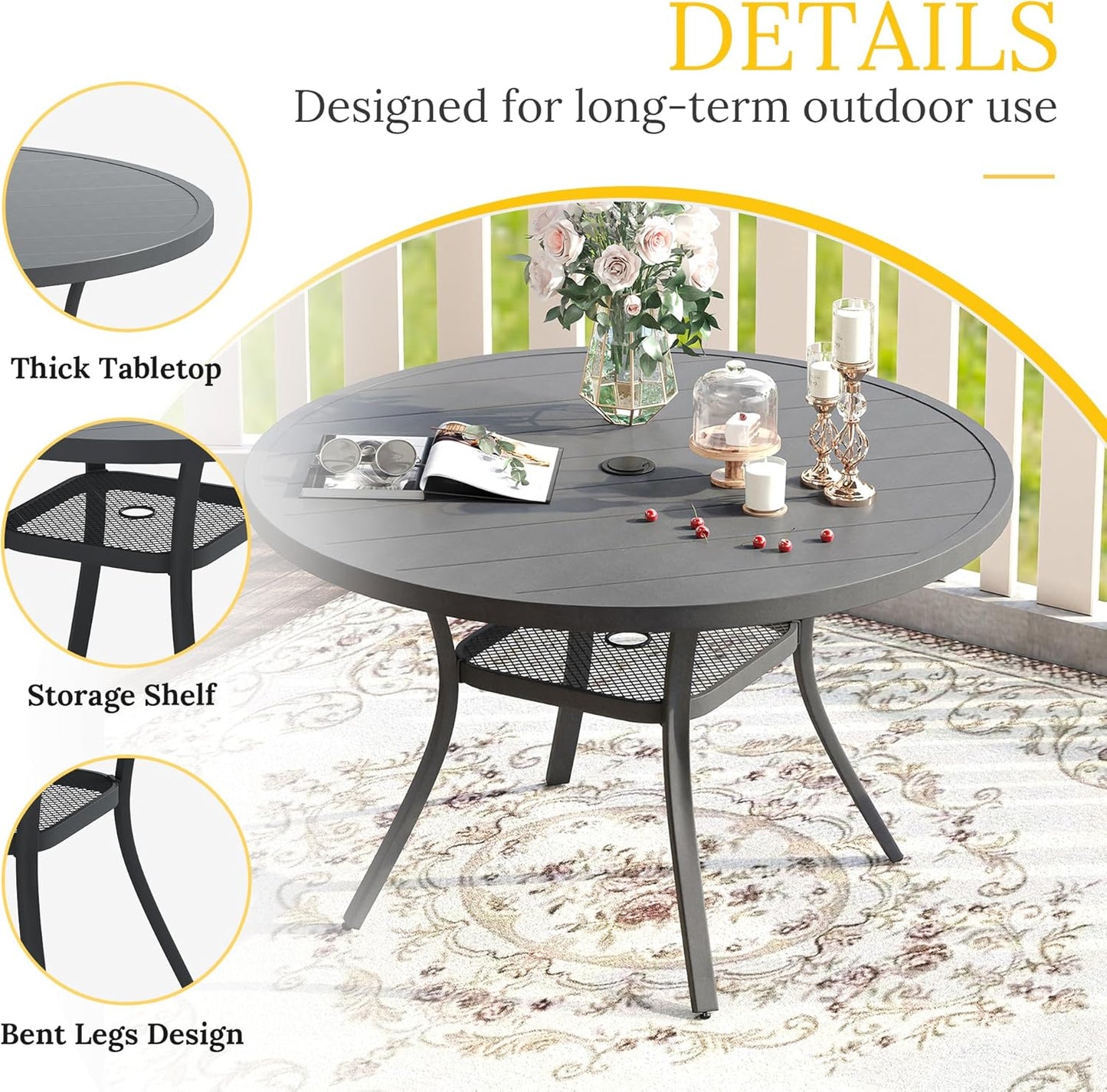 VICLLAX 47.2" Outdoor Round Patio Table for Lawn Garden, All Weather Metal Round Patio Dining Table with Adjustable Umbrella Hole, 6 Person Patio Table, Grey Tabletop