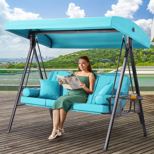 3 in 1 Outdoor Porch Swing with Adjustable Canopy, 3 Seat Outdoor Swing for Adults, Patio Swing Chair with Thickened Cushions,Pillows & Cup Holders for Backyard, Porch, Garden (Turquoise)