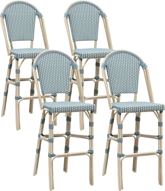 PURPLE LEAF French Bar Stool Set of 4 White Print Finish Patio Bar Stools with Back Rattan Bar Chairs Wicker Bar Height Stool 30" with Footrest Kitchen Island Stools Outdoor Barstool Light Blue