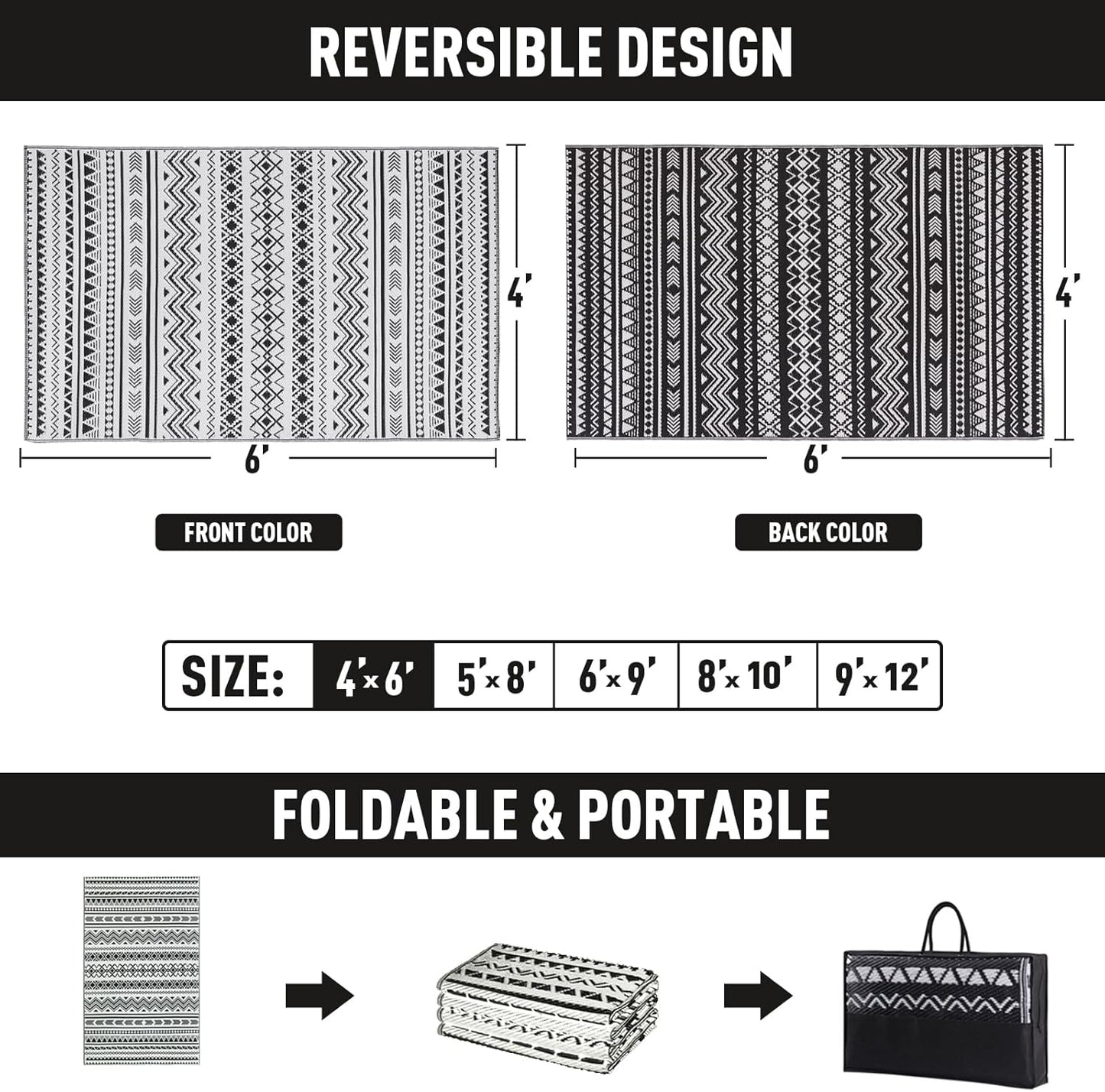 WILDROOTS 8x10 Feet Black and White Plastic Outdoor Rug, Stain Resistant Waterproof Reversible Outdoor Patio Rug, Fade Resistant Camping Rug