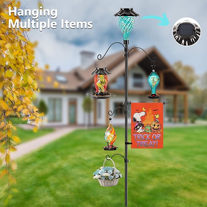 Solar Shepherds Hooks with Hand Blown Glass Lamp, Decorative RGB Lights, 4 Hooks & 1 Flag Holder, Heavy Duty Pole for Hanging Hummingbird Feeder, Bird Feeder, Wind Chime, Plant, Lantern (Teal)