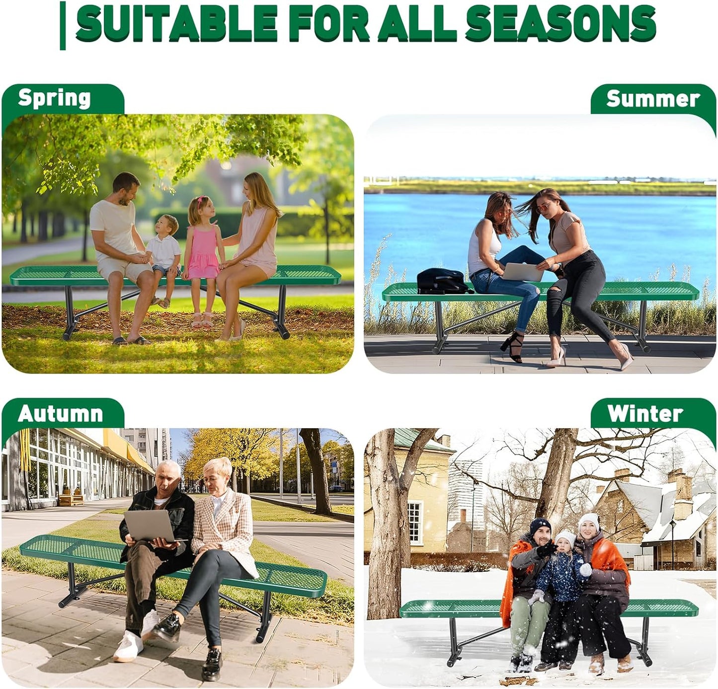 Thermoplastic Coated Iron Park Bench for Outside, Heavy Duty Metal Garden Bench, Expanded Commercial Grade Seating for Shopping Malls, Lawn Yard Porch Entryway (Green without Backrest, 96IN)