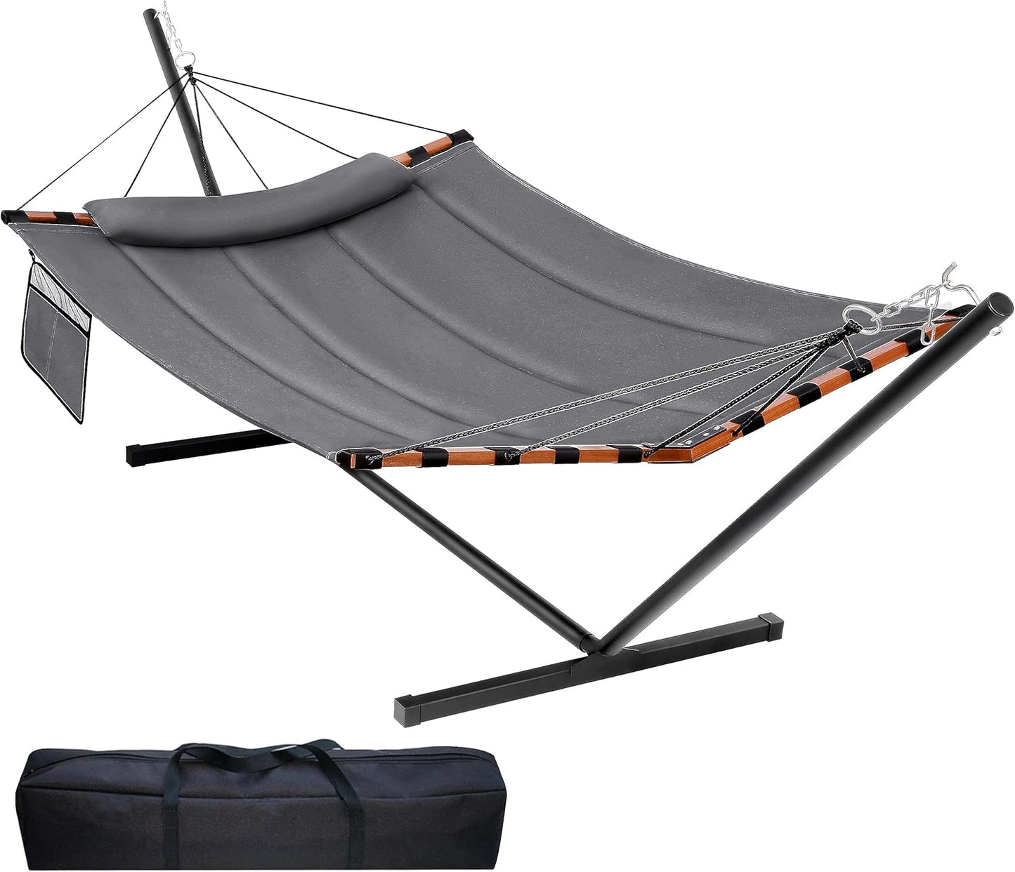 TegerDeger 12FT 2 Person Hammock with Stand Included 55 x 79IN Large Hammock 450LB Capacity with Hardwood Spreader Bar & Nylon Rope for Outside, Patio, Garden, Backyard, Beach, Poolside - Gray