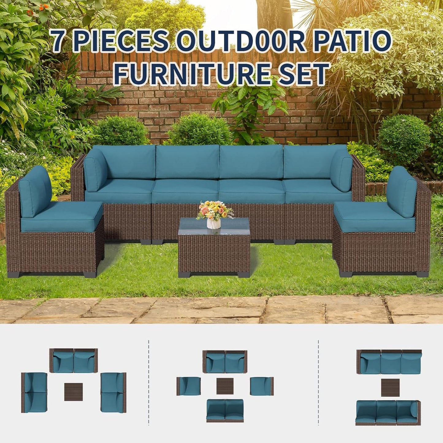 7 Piece Patio Furniture Set, Rattan Outdoor Patio Conversation Sets, Outdoor Sectional Furniture with Waterproof Cushion and Coffee Table, for Deck, Backyard, Garden, Peacock Blue