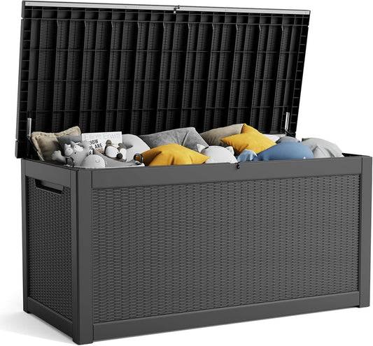 260 Gallon Resin Deck Box, Lockable Patio Outdoor Storage Box for Furniture, Garden Tools and Tools Storage, Waterproof Outside Storage Boxes - Black