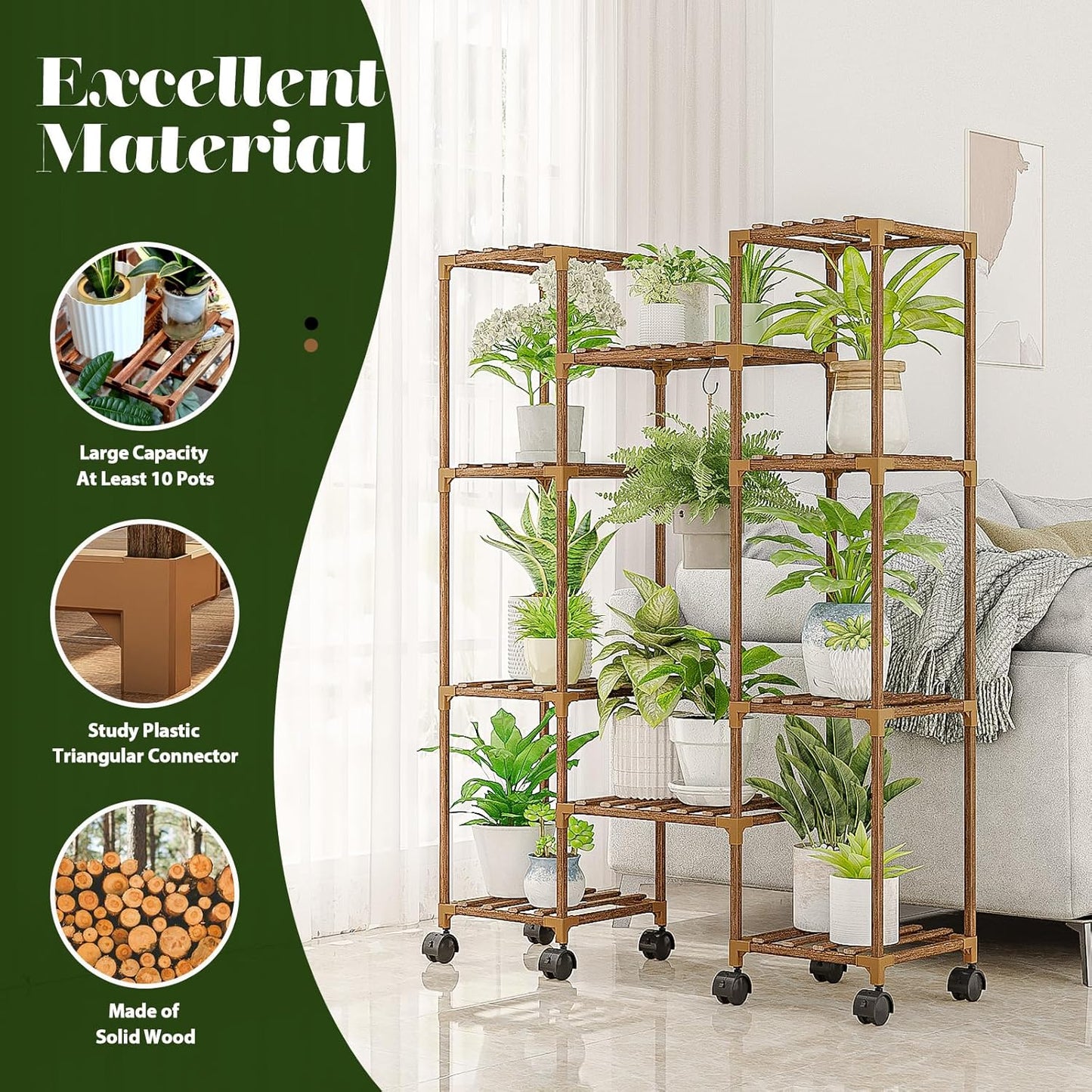 Plant Stand with Wheels Outdoor Indoor Hanging Plant Shelf for Multiple Plants Tall Large Holder for Living Room Patio Balcony Garden Corner Mobile