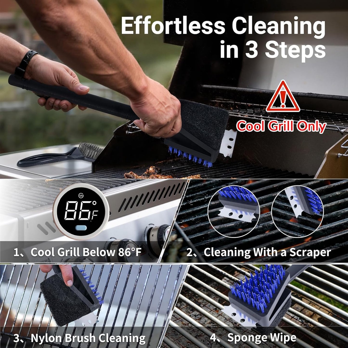 Nylon Bristle Grill Brush for BBQ - Heavy Duty Grill Cleaning Kit with Scraper, Safe for All Grill Types - Non-Scratch Bristles & Long Plastic Handle - Outdoor Barbecue Brush and Accessories