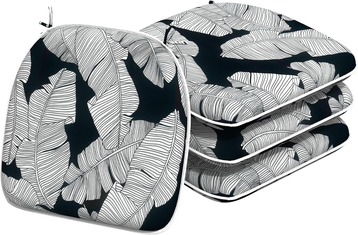 Indoor/Outdoor Chair Cushions 16x17 Inch, Patio Chair Cushions with Ties, All Weather Seat Cushions for Patio Furniture Home Garden Chair Use, Set of 4, Black Lush Leaves