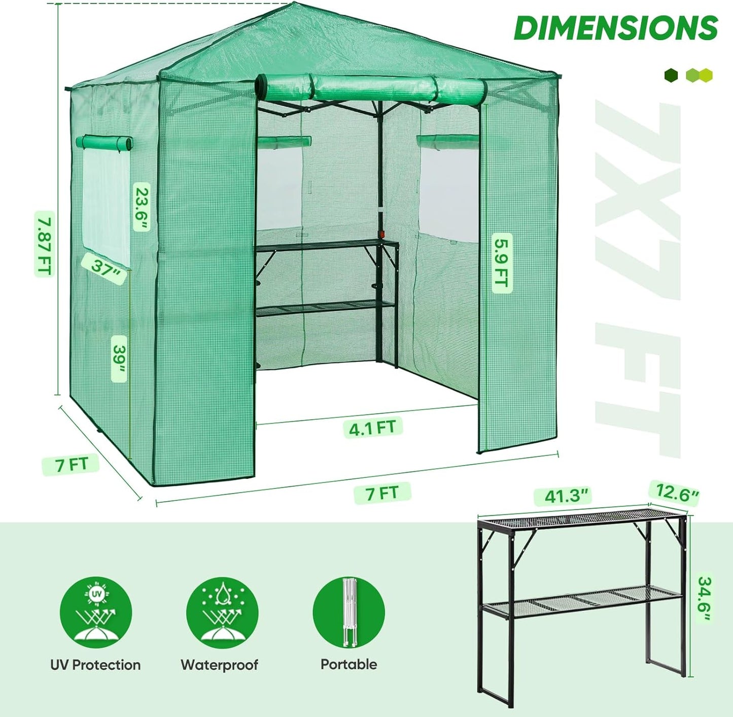 EAGLE PEAK 7x7 Pop up Greenhouse Portable Walk-in Outdoor Gardening Green House with 2 Foldable Shelves, Roll-up Zipper Entry Door and 3 Mesh Windows, PE Cover, Green/Clear