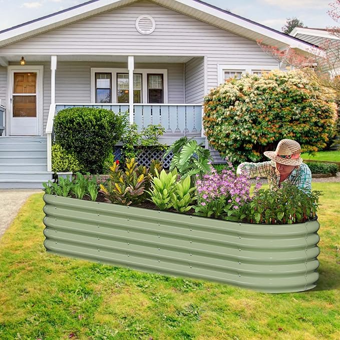Kesfitt Galvanized Raised Garden Bed Kit,18" Tall 7-in-1 Outdoor Metal Planter Boxes with Safety Edging,8×2×1.5FT Modular Large Steel Raised Beds for Gardening Vegetables Fruits Flower