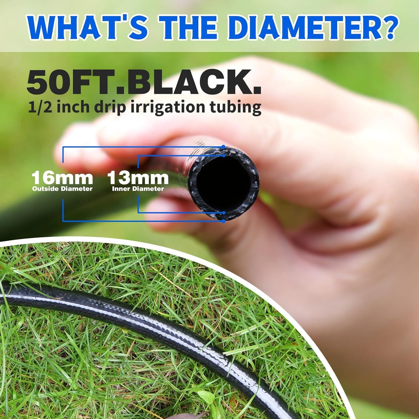 50 FT 1/2 Inch Drip Irrigation Tubing Main Drip Line Hose Tube for Garden Watering Landscape Irrigation System (Includes 2 Pack 6-Way Connector and 1/2" Straight Connector)