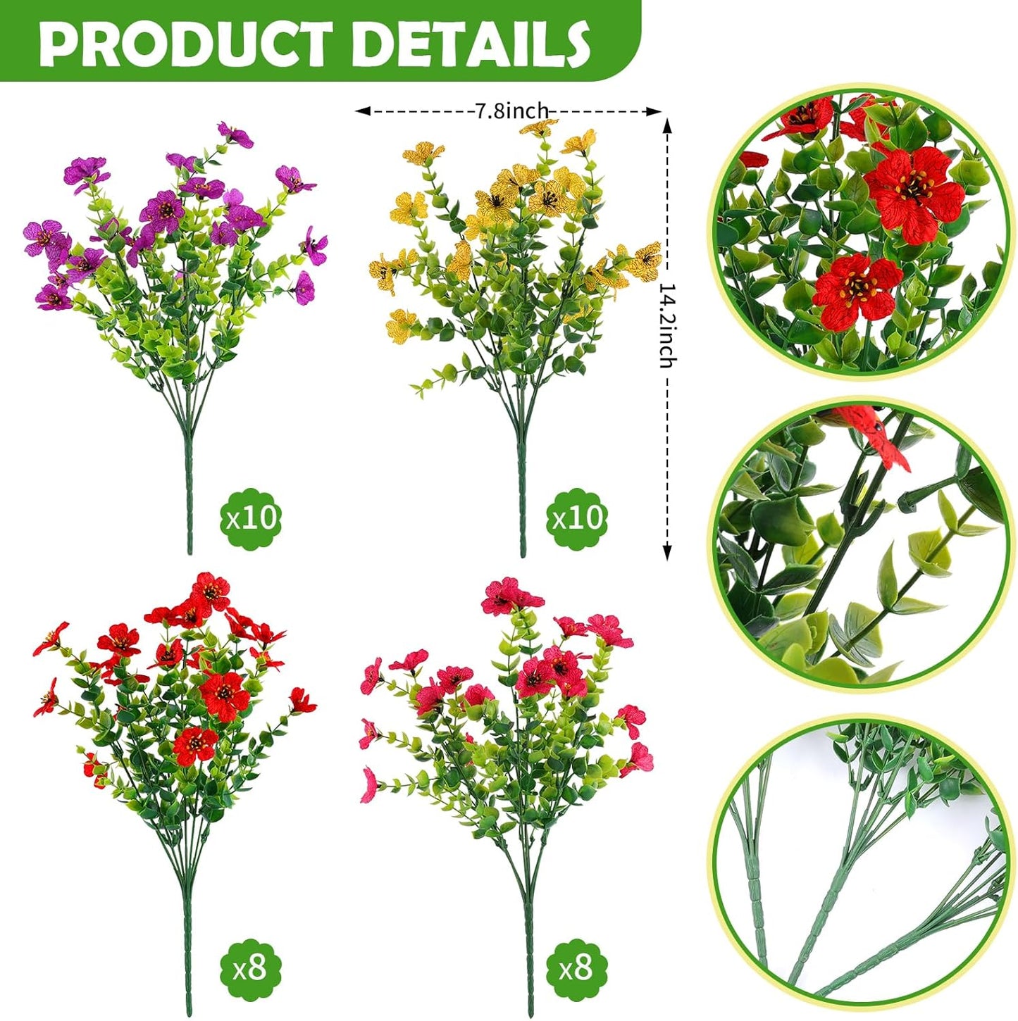 36 Bundles Artificial Flowers Outdoors UV Resistant Fake Plastic Spring Mum Flowers Colorful Silk Plants for Outside Porch Window Patio Home Decor(36, Red, Purple, Yellow, Rose Red)