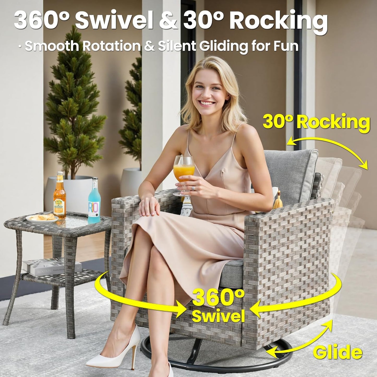 ovios 8 Pieces Patio Furniture Set, Outdoor Wicker Sectional Sofa with Swivel Chair Coffee Table, Modern Modular Deep Seat Rattan Couch Conversation Sets, Dark Grey