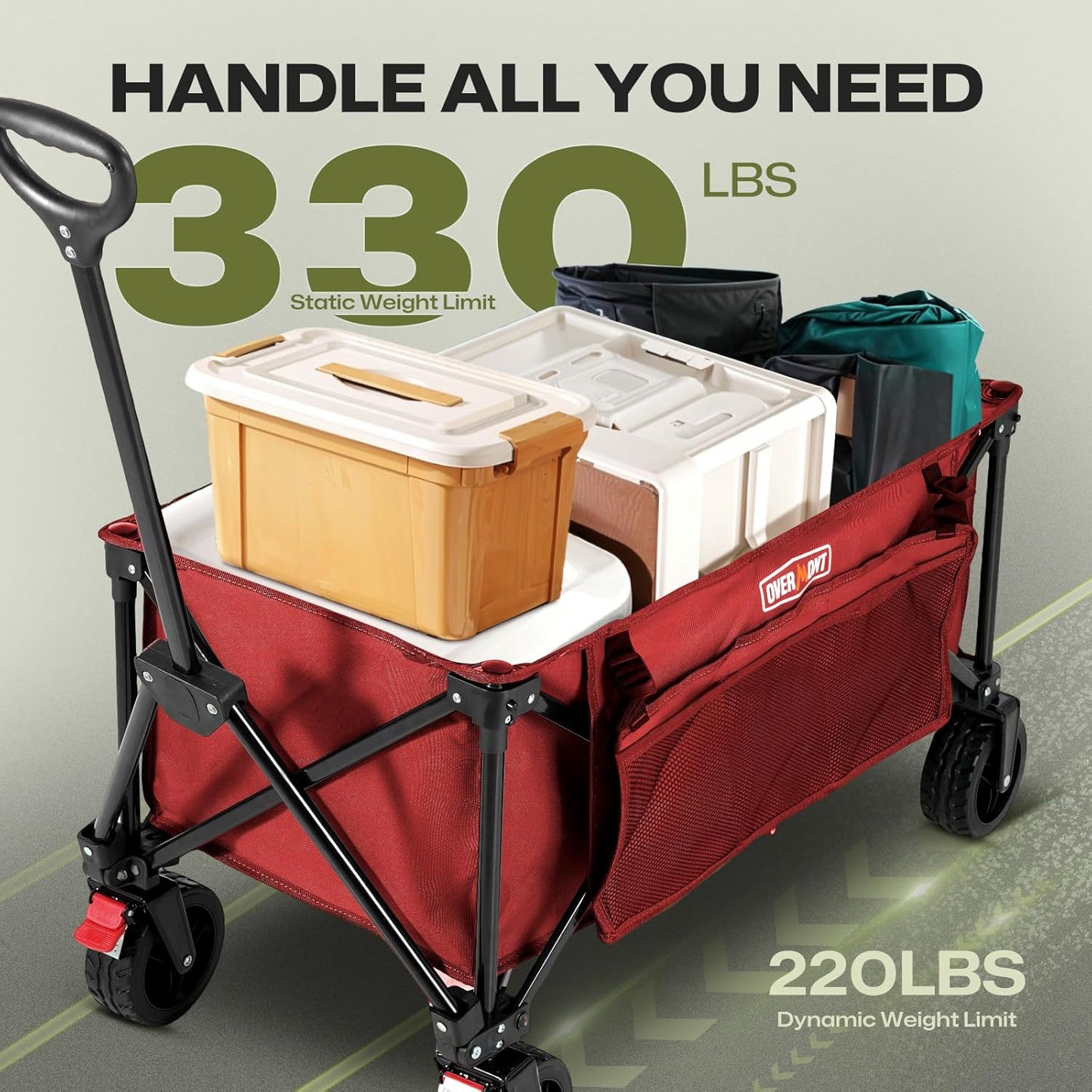 Overmont Collapsible Wagon Cart with Wheels - 180L Foldable Heavy Duty Wagon with Big All-Terrain Wheels - 330Lbs Weight Capacity with Side Pockets for Camping Sports Garden Grocery Shopping red