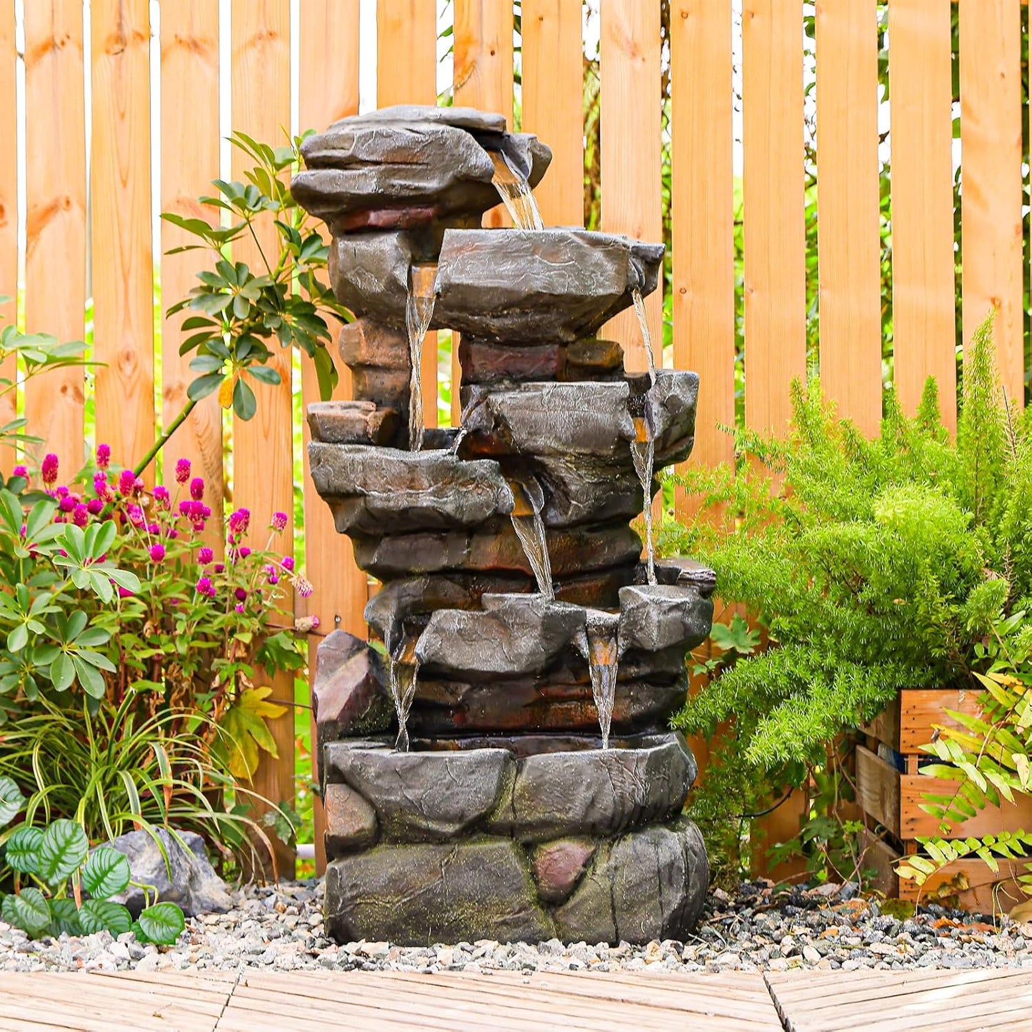 6-Tier Cascading Rock Water Fountain Outdoor Resin Stone Imitation Waterfall with LED Lights, Indoor/Outdoor Decor for Garden, Patio, Backyard, Porch and Home Art Decor