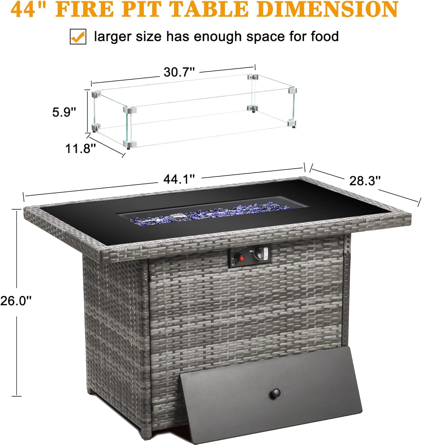 LayinSun 44" Propane Gas Fire Pit Table, 55000 BTU Rectangular Fire Pit with Glass Wind Guard for Outside Patio Deck Garden Backyard