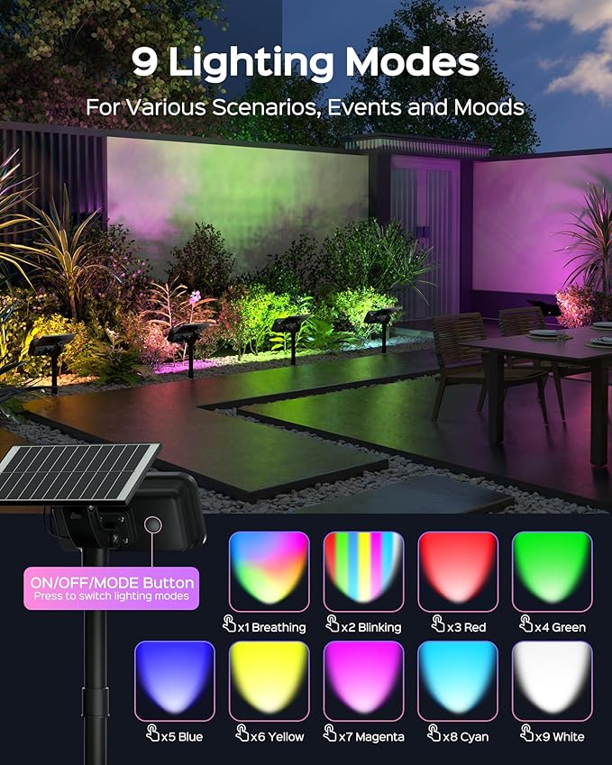 JACKYLED Solar Spot Lights Outdoor, 84 LED 7 Color Changing Solar Lights Outdoor Waterproof with 9 Modes, 360 Adjustable Landscape Spotlights for Halloween Xmas Decorations, Yard, Garden, Path, 4 Pack