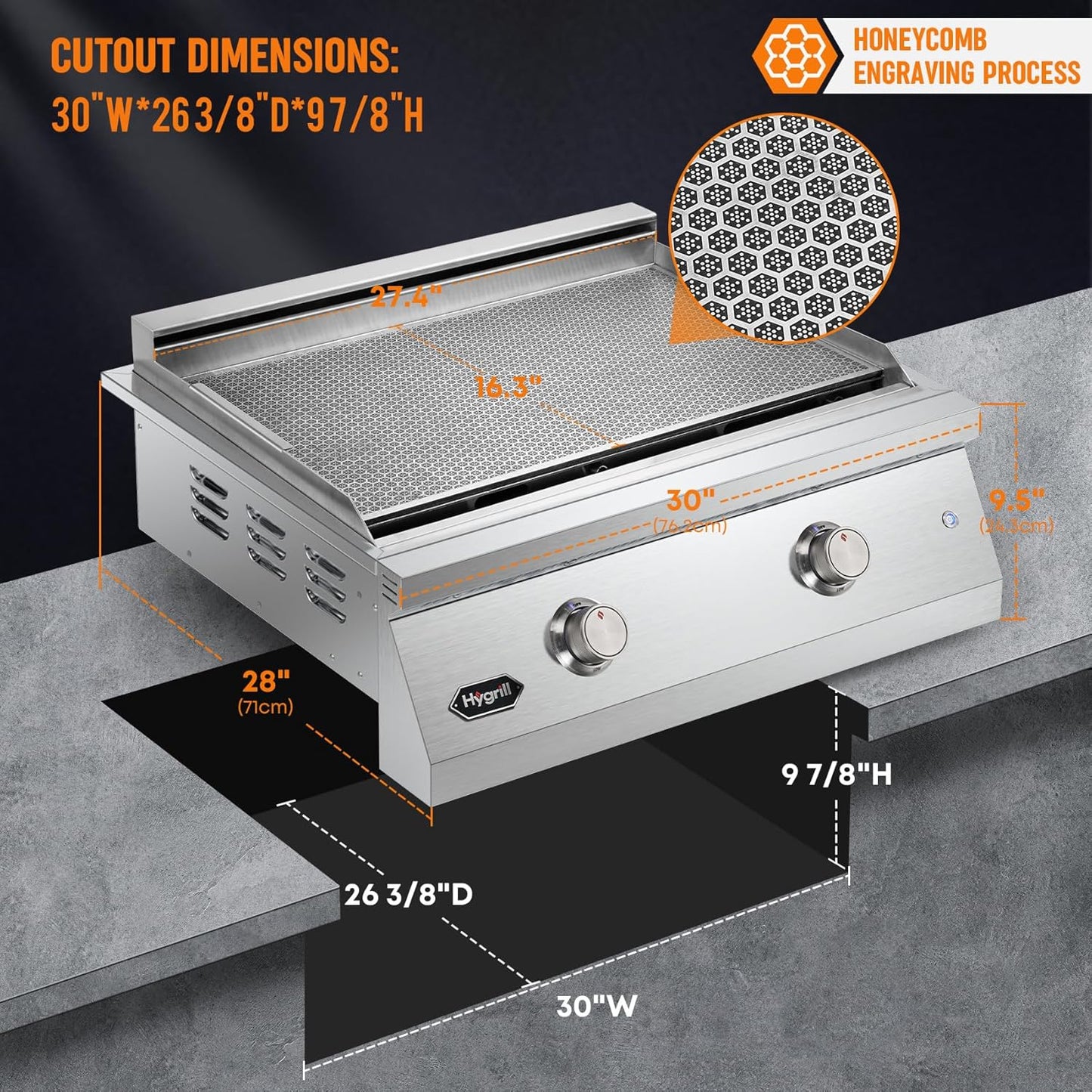 Hygrill 30-Inch Premium Built-In Natural Gas Griddle for Outdoor Kitchen, Durable 304 Stainless Steel 2-Burner Flat Top Grill with Lid and LED lights