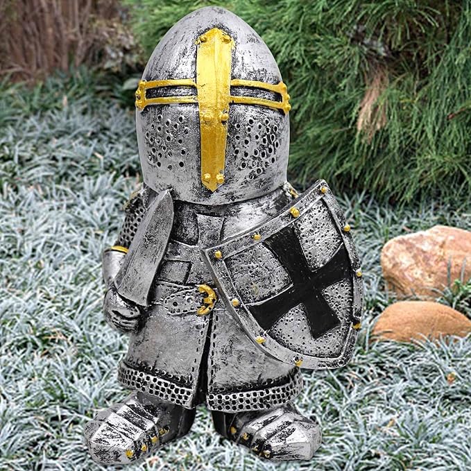 nezababy Knight Gnomes Guard Garden Statue Decoration Medieval Wee Crusader Battle Swordsman Fighting Outdoor Figurines Lawn Decor Resin (C)