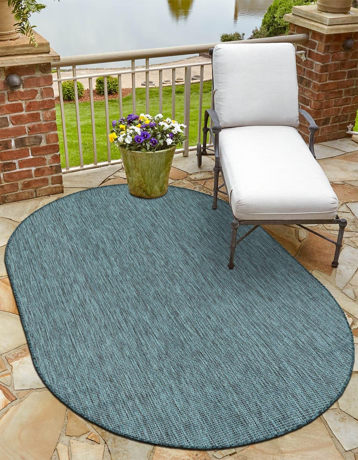 Unique Loom Outdoor Solid Collection Area Rug (6' 1" x 9' Oval Teal/Navy Blue)