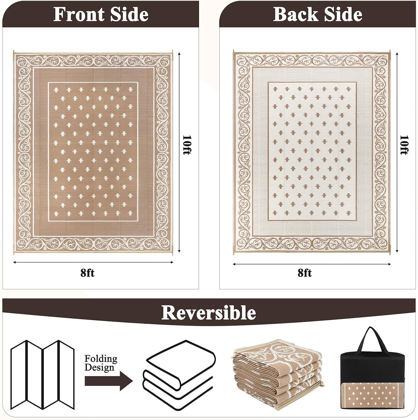 Pauwer Waterproof Outdoor Rug 8x10, Reversible Plastic Straw Patio Camping Rug, Indoor Outdoor RV Mat Carpet for Deck, Camper, Porch, Balcony, Backyard, Picnic, Bordered Beige