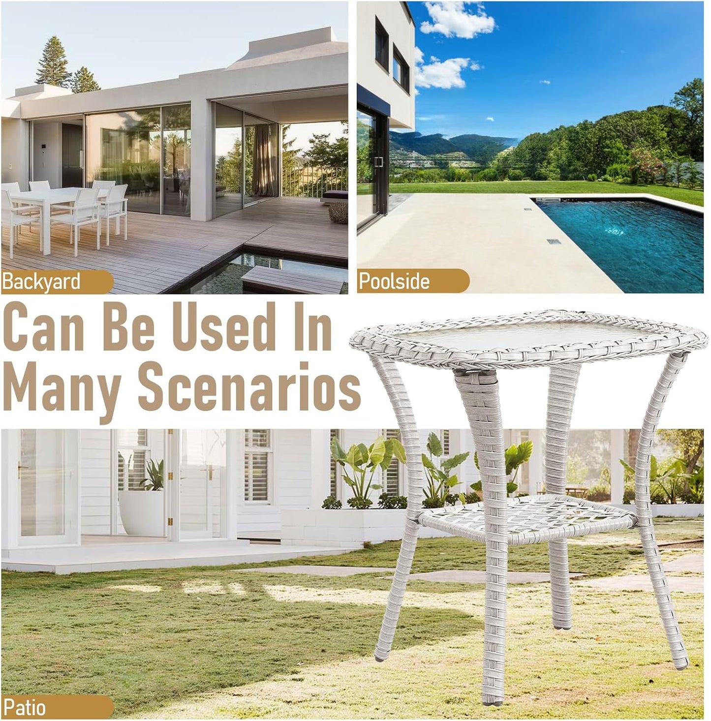 Outdoor Side Tables for Patio, Wicker/Rattan End Tables, Outdoor Wicker Side Table, Light Beige Rattan Glass Top Patio Side Table