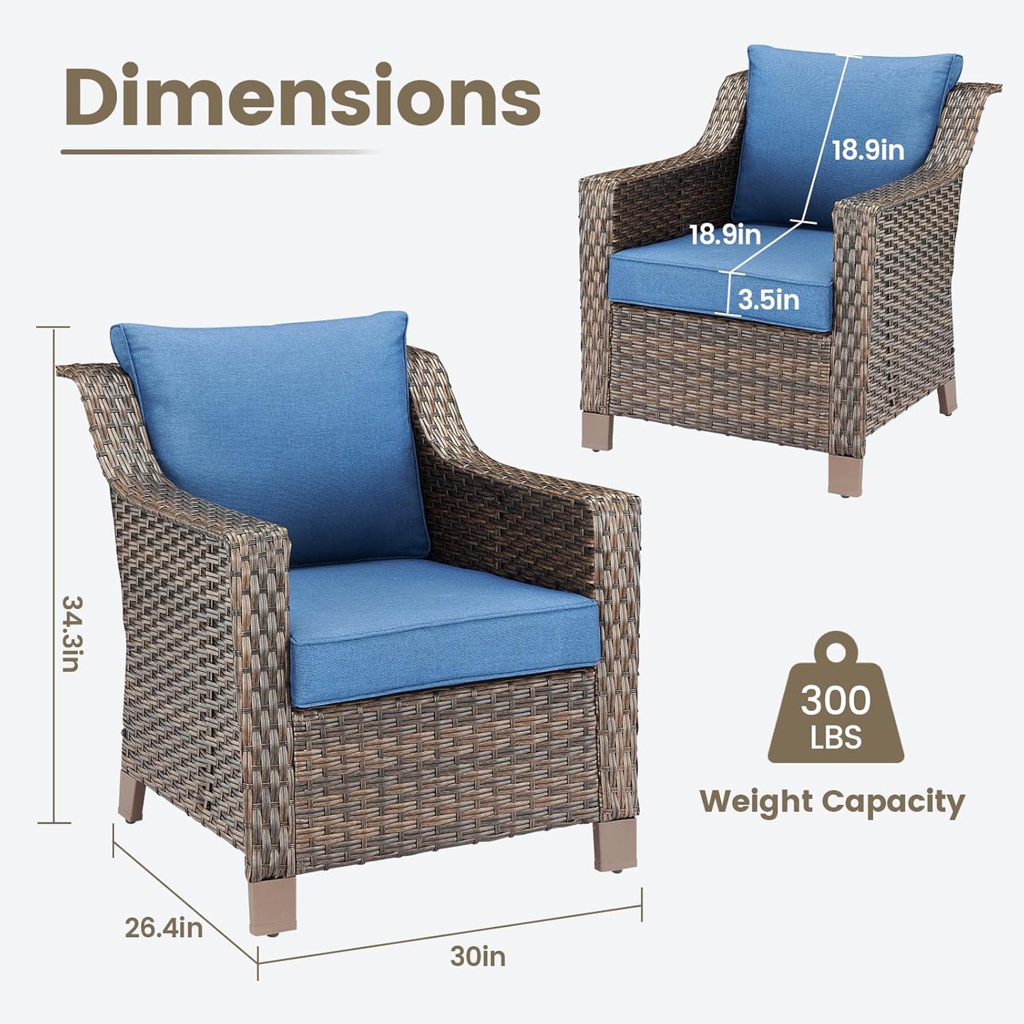 Outdoor Wicker Patio Chairs Set of 2 - Heavy Duty Outside Modern PE Rattan Lawn Chair for Front Porch Balcony Backyard Yard Deck Poolside Apartment – Brown/Blue