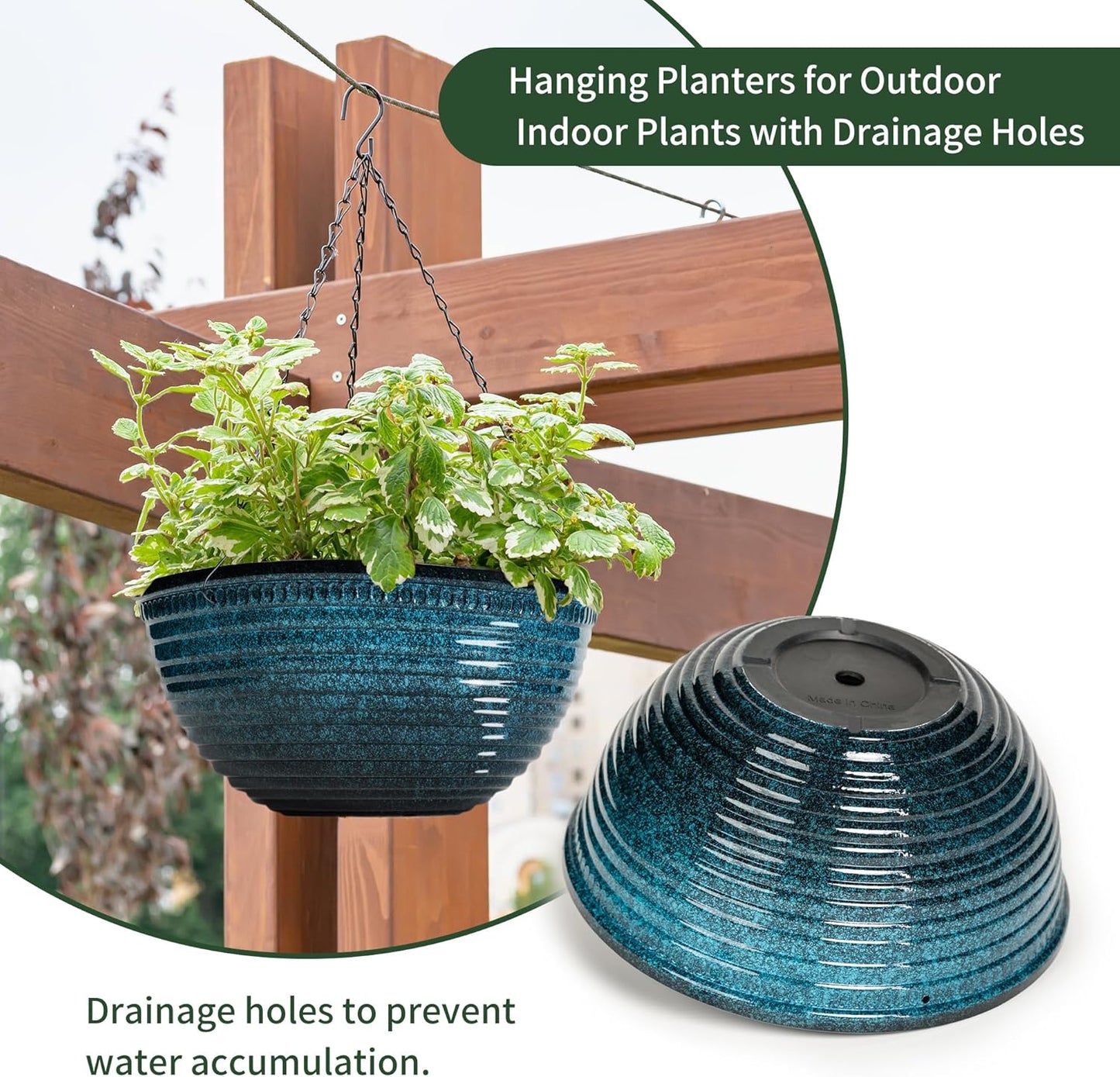 12 inch Hanging Planters for Indoor Outdoor Plants, 2 Pack Large Hanging Flower Pots with Drainage Holes and Chain, Glazed Hanging Baskets for Home Garden Decoration, Blue