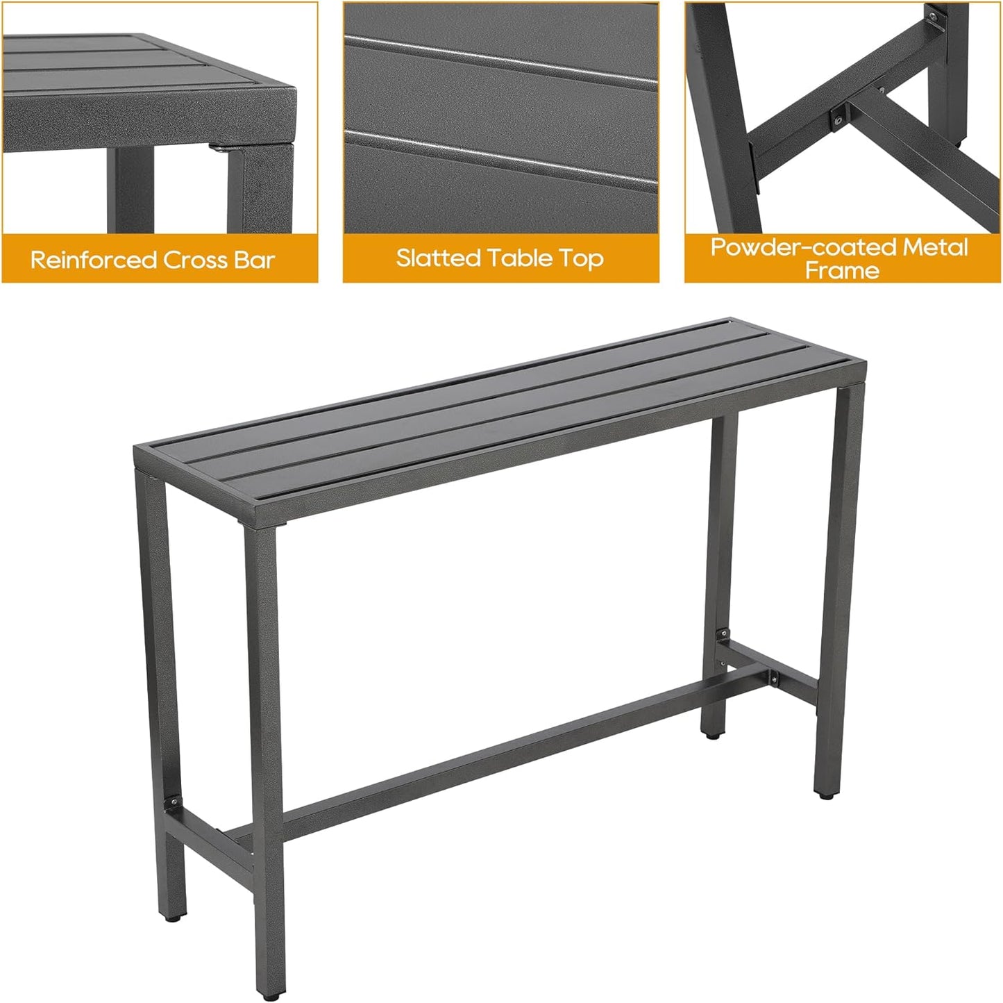 Outdoor Patio Bar Set, Bar Height Patio Dining Set, Weather-Resistant Bistro Counter Pub Set with Cushions & Slatted Tabletop for Backyard (Gray, 63" Table, 6 "I Style Stool)