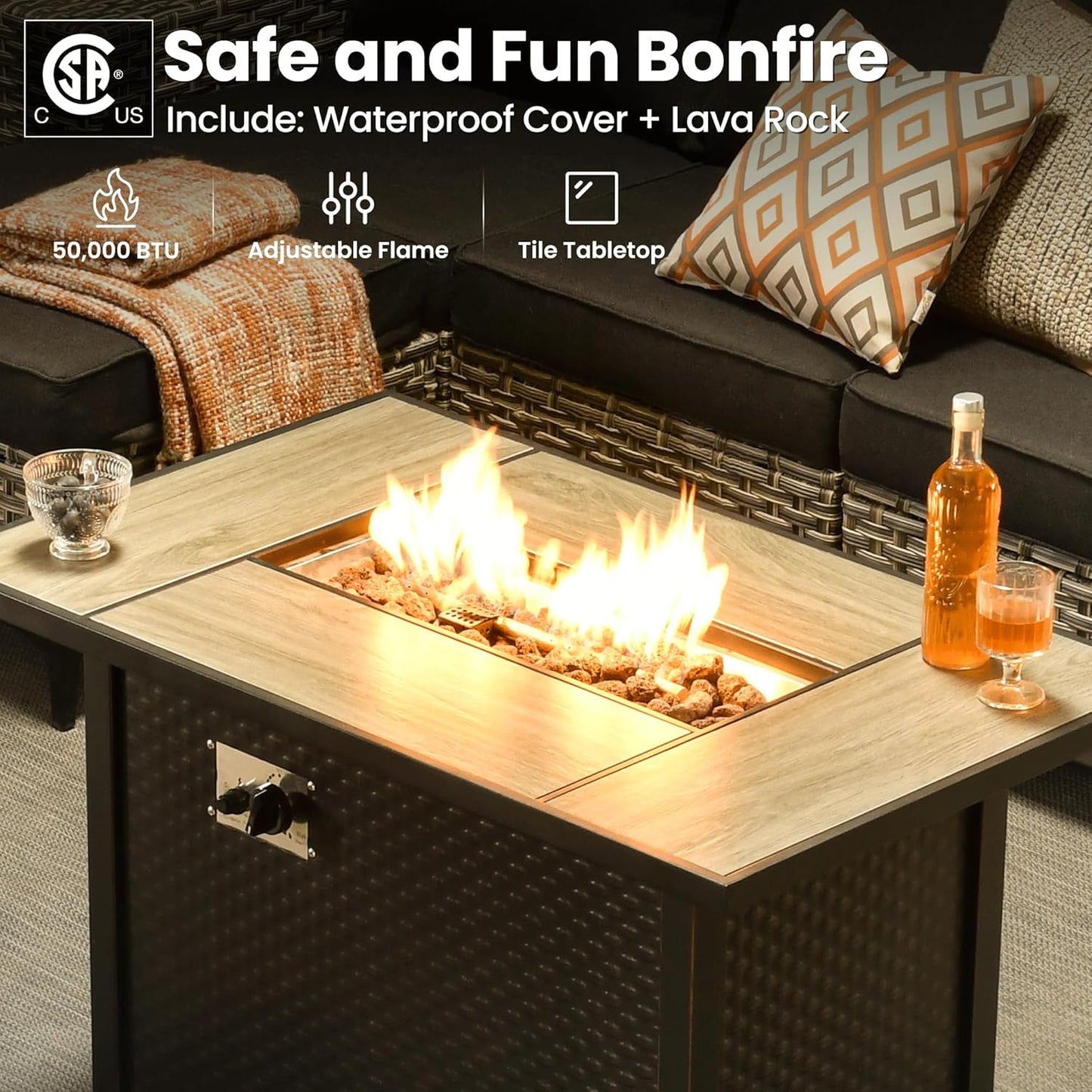 ovios 9 Pieces Patio Furniture Set Outdoor Sectional Sofa Couch with Fire Pit Table Rocking Swivel Chairs Deep Seat Chaise, Modern Modular Wicker Rattan Conversation Set, Black