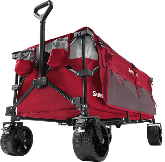 SUNNYFEEL 49''L 550lbs Heavy Duty Wagon Cart Foldable with Wheels,Extra Long Fold Up Wagons Carts with Side Pocket and Brakes for Camping Sports Garden Shopping (Red)