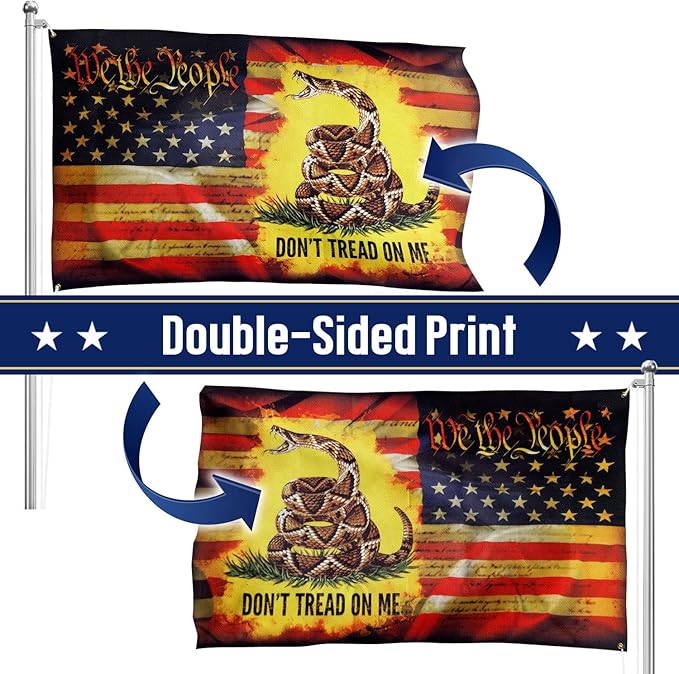 FLAGWIX 3x5 ft American Patriotic Gadsden Flag - Double Sided, Heavy Duty Canvas, Fade Resistant - Patriotic American House Flags, 4th of July Decorations For Indoor, Outdoor Decor Flag with Grommets