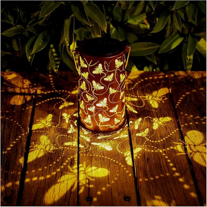 Solar Honeybee Lanterns Outdoor Hanging Decor Lantern,Waterproof Hollow Out Retro Metal Decorative Garden Light,Graceful Decoration for Patio,Yard,Landscape,Walkway,Festival