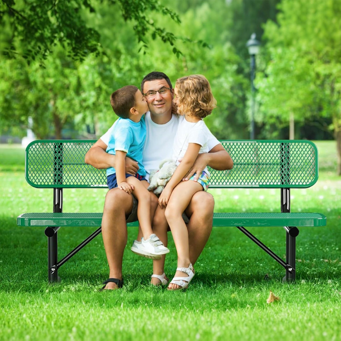 Outdoor Garden Bench, Cast Iron Metal Frame Patio Park Bench with Backrest, Portable Expanded Metal Black Bench, Commercial-Grade Outdoor Seating for Lawn, Patio, Park, Yard, Garden (Green, 6FT/72')