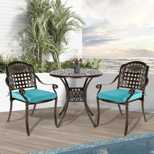 3-Piece Outdoor Patio Dining Set, All-Weather Cast Aluminum Patio Furniture Set for Backyard Garden Deck with 2 Cushioned Chairs and 31” Round Table, 2" Umbrella Hole, Ocean Blue
