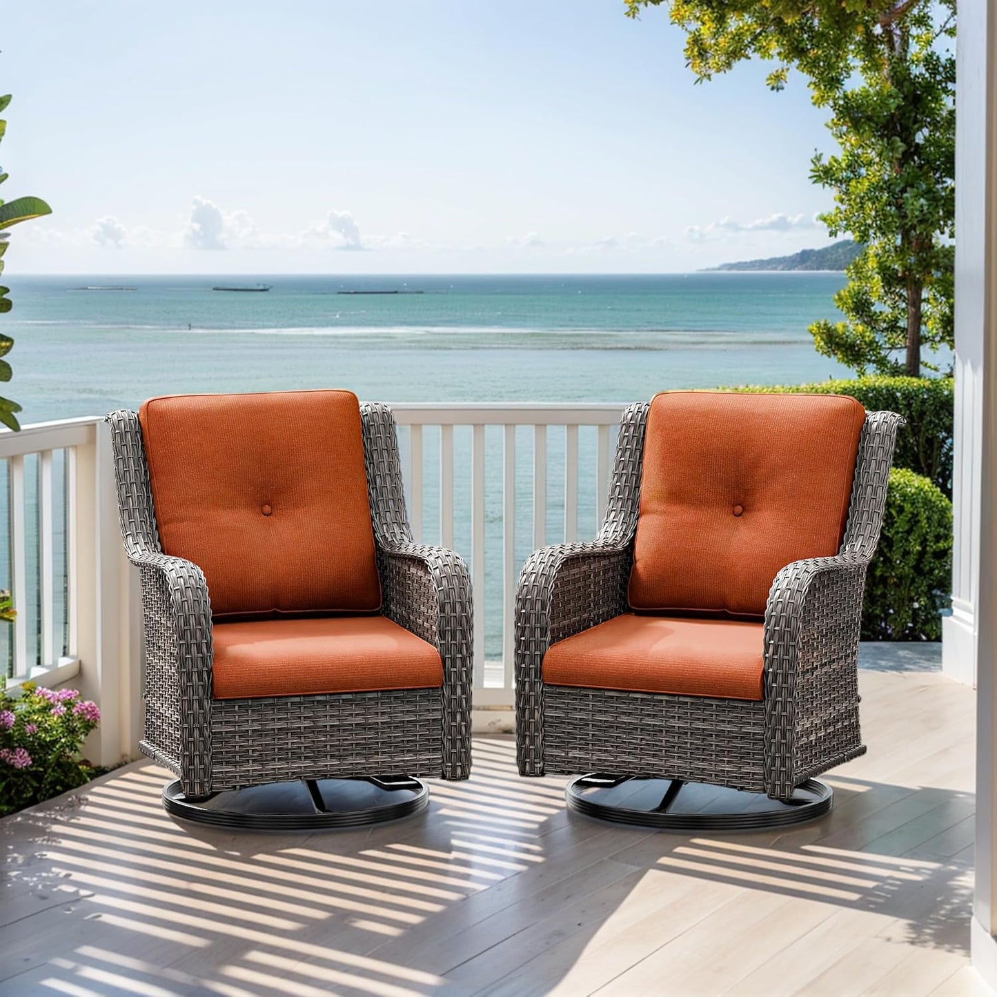 Outdoor Swivel Rocker Patio Chairs Set of 2 - Outdoor Wicker Patio Conversation Sets 2 Pieces with Olefin Fabric Cushions Suitable for Backyard Deck and Porch, Orange