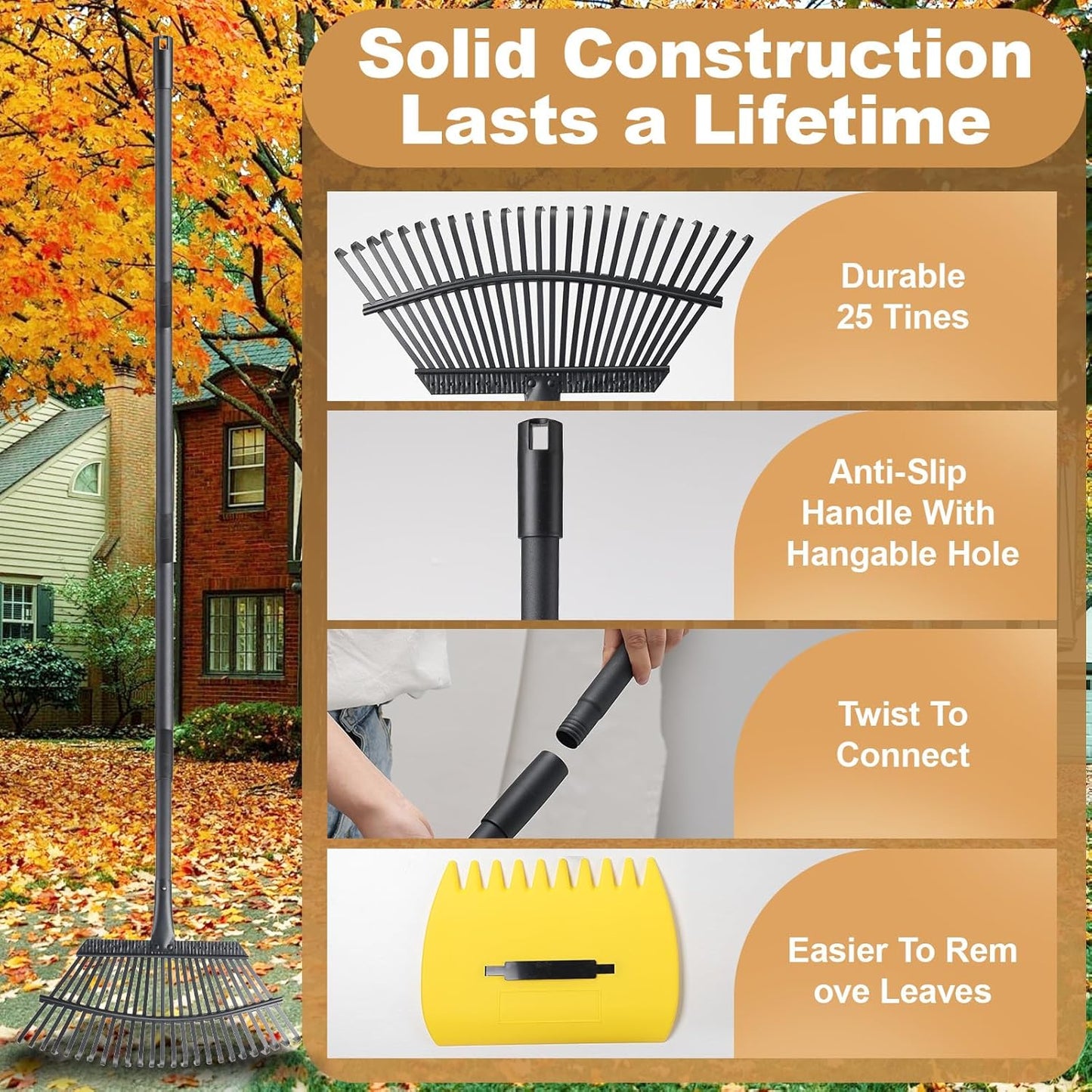 Rake with Leaf Scoops Garden Leaf 25 Tines Lawn Leveling Tool, Heavy Duty 64.1 Inch Adjustable Handle Metal Rake for Picking Leaves Grass Garbage, Black