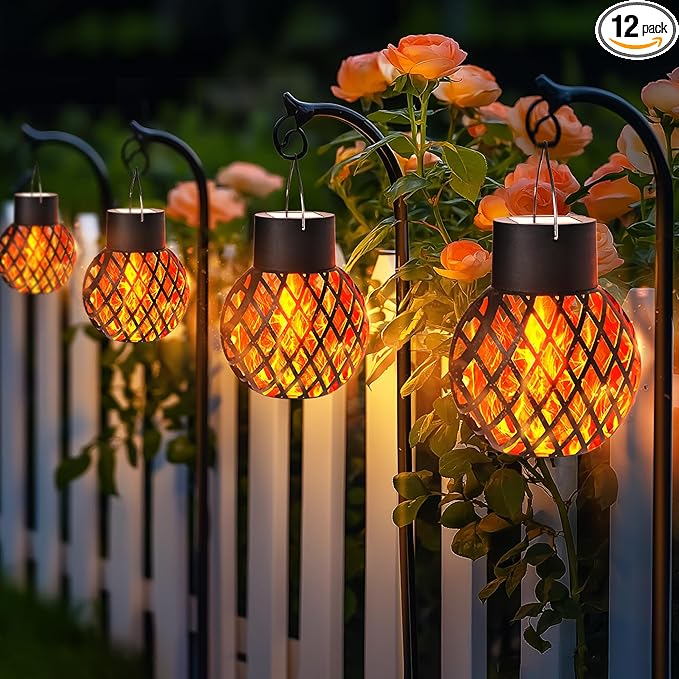 GIGALUMI Solar Lights Outdoor Waterproof,12 Pack Solar Hanging Lights with Flickering Flame,Outdoor Solar Lights for Yard,Patio,Tree,Camping,Christmas Decoration,New Upgraded Larger Lanterns