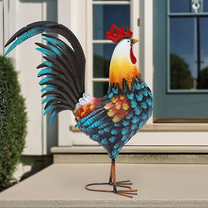32" Large Metal Rooster Decor, Outdoor Garden Statues, Metal Chicken Sculpture for Backyard Patio Kitchen Decor