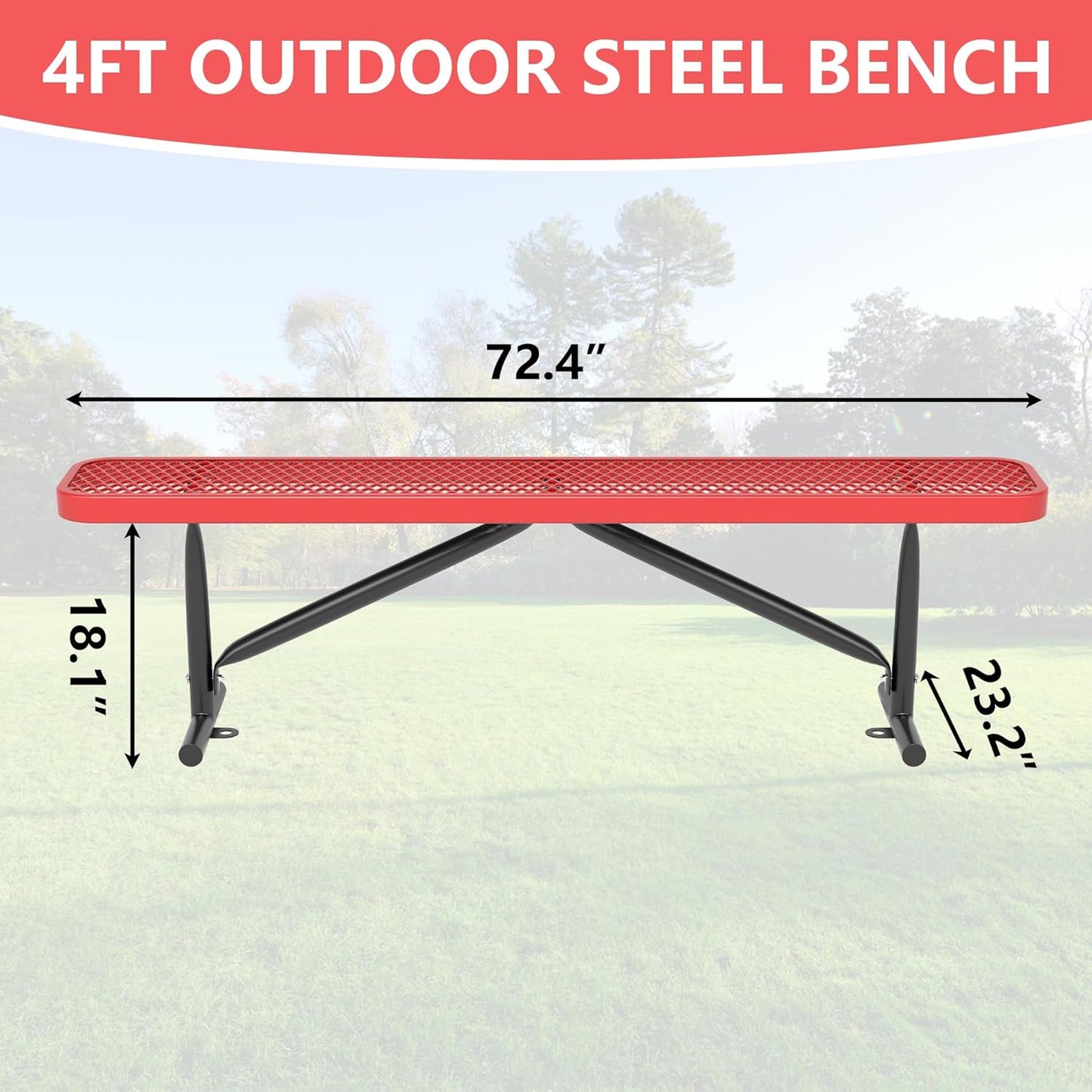 48" L Outdoor Steel Flat Bench, Heavy Duty Metal Park Bench for Outside, Expanded Metal, Commercial Benches Mesh Bench for Shopping Mall, Store, Lawn, Park, Patio, Deck, Garden (Red, 6FT)