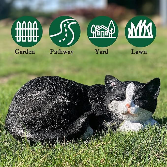 Sleeping Cat Statue Garden Decor, Outdoor Cat Sculpture & Figurine Lawn Ornament, Black & White Tabby Statue for Patio, Lawn, Yard Decorative, Cute Kitten Memorial Grave Accessory