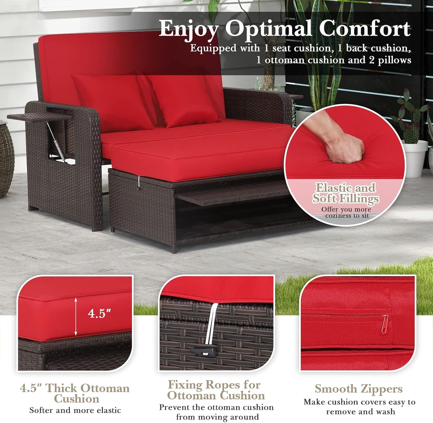 Tangkula Patio Rattan Daybed, Patiojoy Wicker Loveseat Sofa w/Multipurpose Ottoman & Retractable Side Tray, 4-Level Adjustable Backrest, Footstool w/Storage, Seat & Back Cushion Included