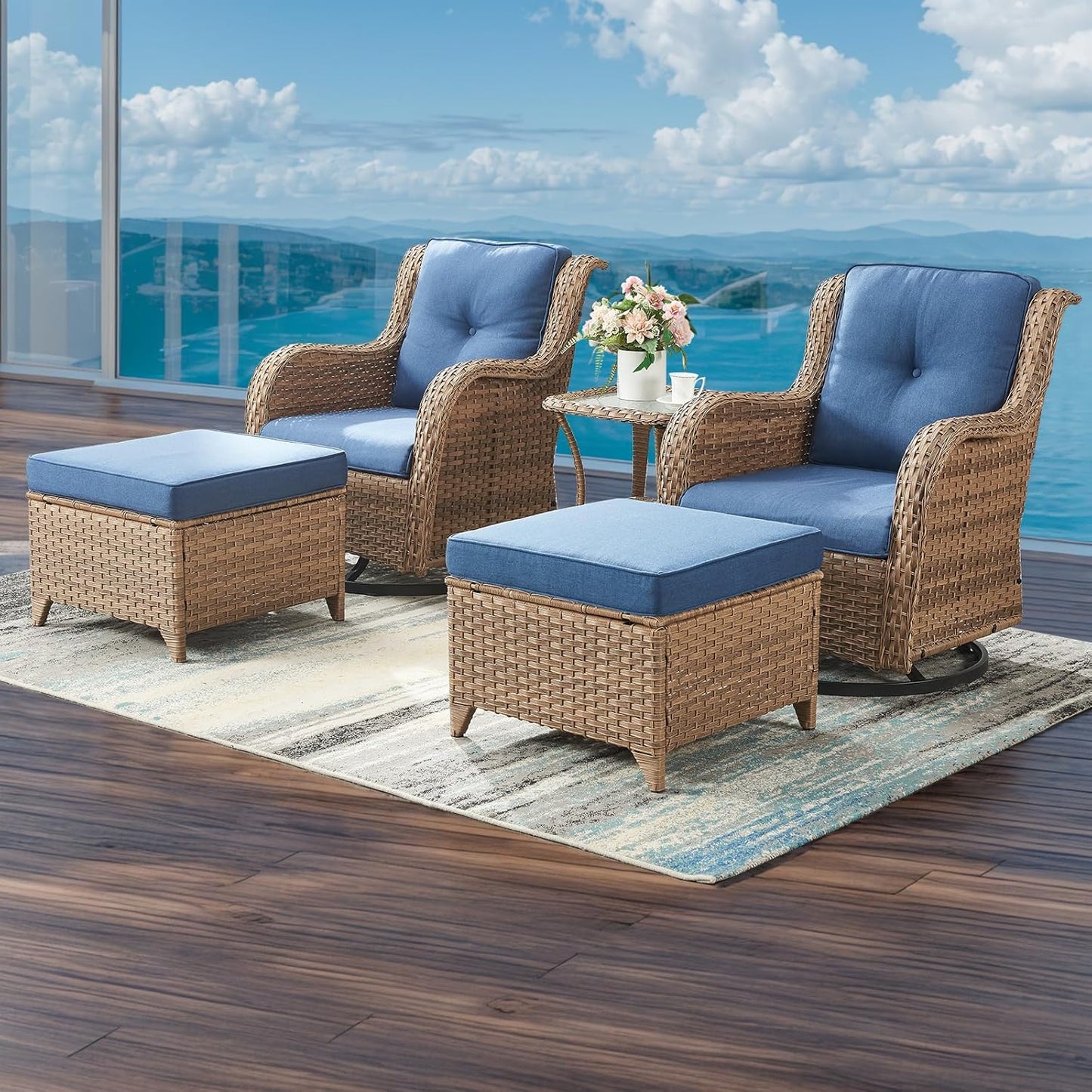 Outdoor Wicker Patio Furniture Set - 5 Pieces Rattan Patio Conversation Set with 2 Rocking Swivel Chairs,2 Ottomans and 1 Side Table for Porch Deck Backyard Garden(Yellow/Blue)