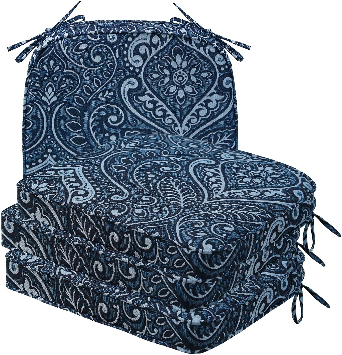 Round Corner Seat Cushions, 17" x 16" x 2", Set of 4, Indoor Outdoor Water Repellent Universal Chair Pads with Ties for Patio Furniture, Garden Deck Dining Chairs, Damask Blue Flower