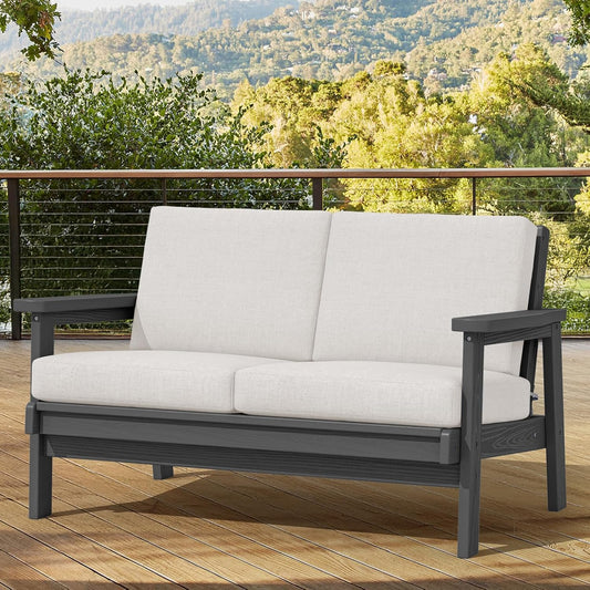 SERWALL HDPE Outdoor Patio Loveseat, Grey Frame and Khaki Cushion