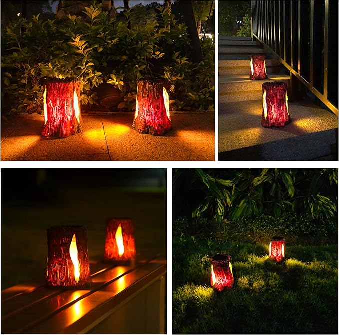 TONULAX Solar Lights Outdoor - Stump On Fire Torch, Flickering Flame Lantern, Solar Powered Landscape Decoration for Garden, Patio, Pathway, Deck & Yard Decor (2 Pack), Resin, Copper