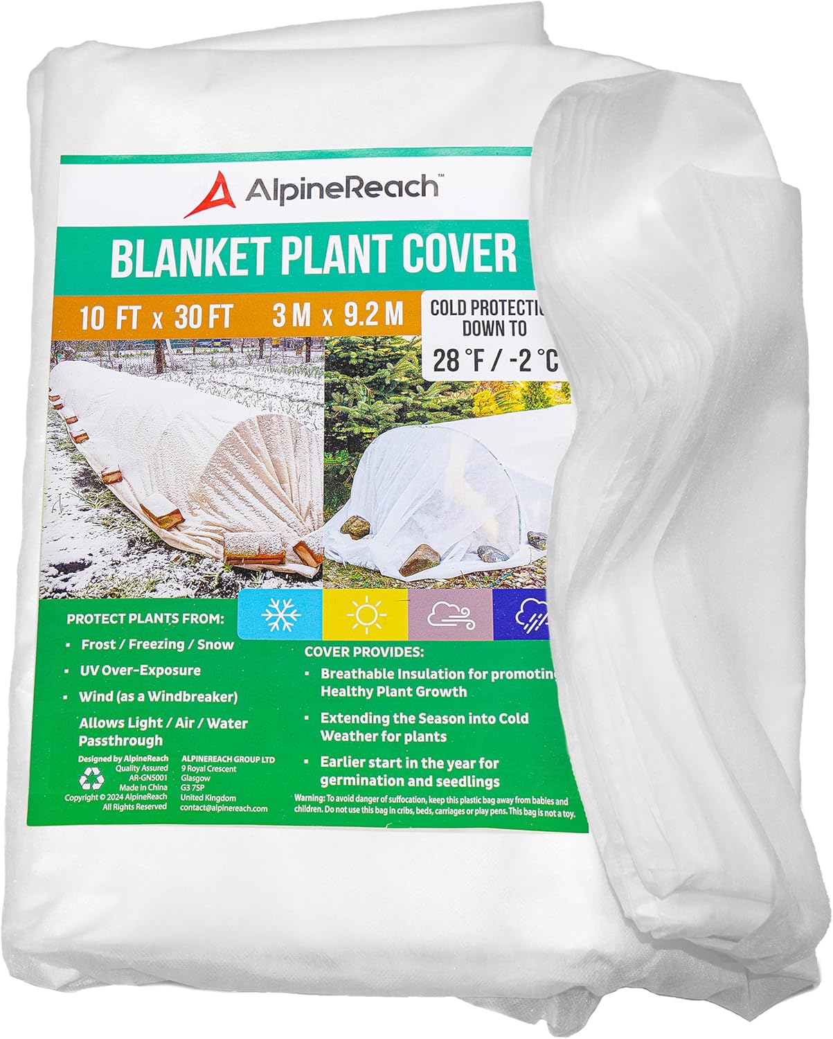 AlpineReach Plant Covers Frost & Sun Protection 10 x 30 ft - Thick 1.2 oz/yd² Freeze Blanket to Low 28 °F Temperatures Floating Row, Garden Fabric Material, Protect in Winter Cold, Gardening Down