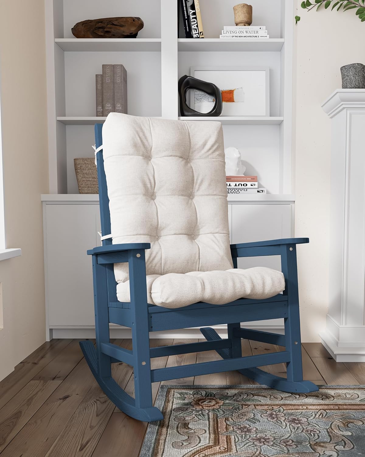 SERWALL Oversized Outdoor Rocking Chair, HDPE Rocker with Cushion, Patio Rocking Chairs for Porch, Blue Chair+Beige Cushion